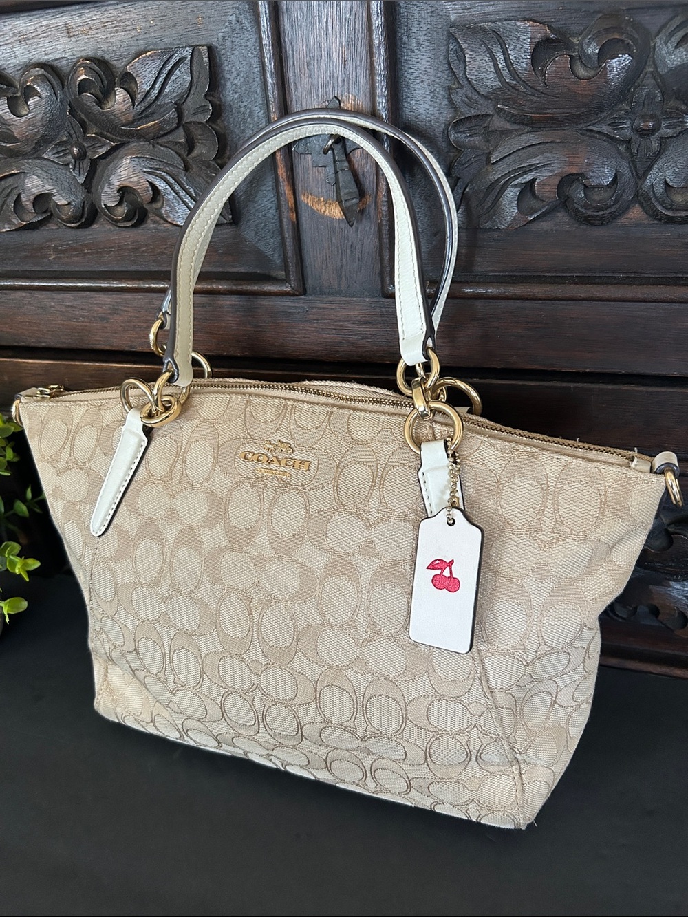 Coach Beige Signature Canvas Tote with Chalk Leather Trim